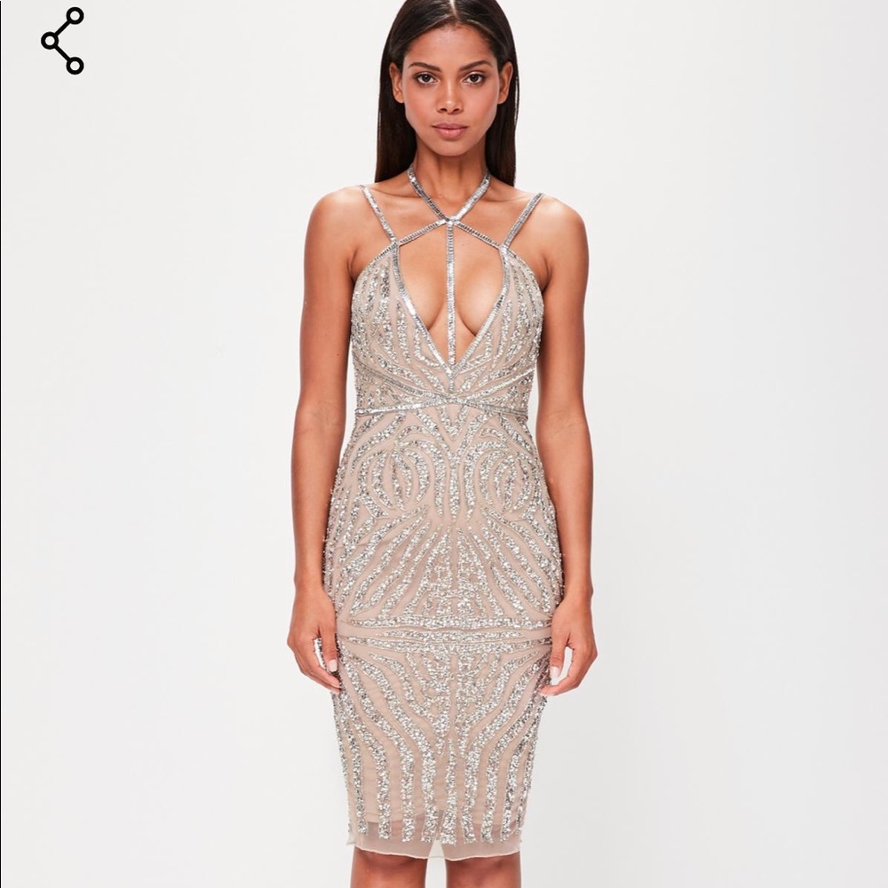 MISSGUIDED PEACE +LOVE NUDE EMBELLISHED MIDI DRESS